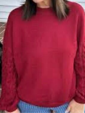 Classic Crewneck Cable-Sleeve Sweater in Rich Red